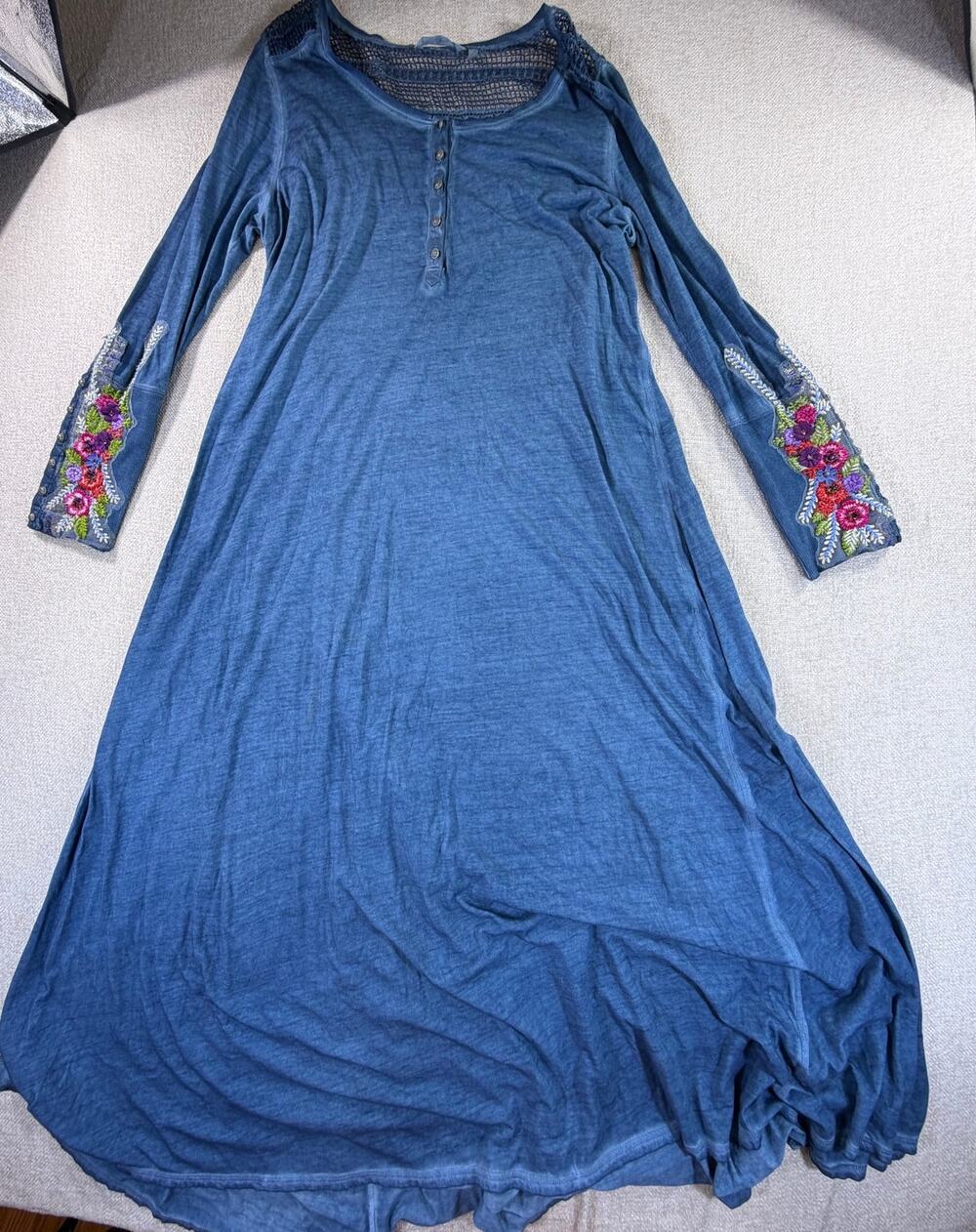 Soft Surroundings Women's Large Blue Ava Embroidered Boho Maxi Dress Cottagecore